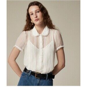 J.CREW Sheer Lace-trim Button-up Shirt Size 4 Cream NEW Preppy Designer CD018